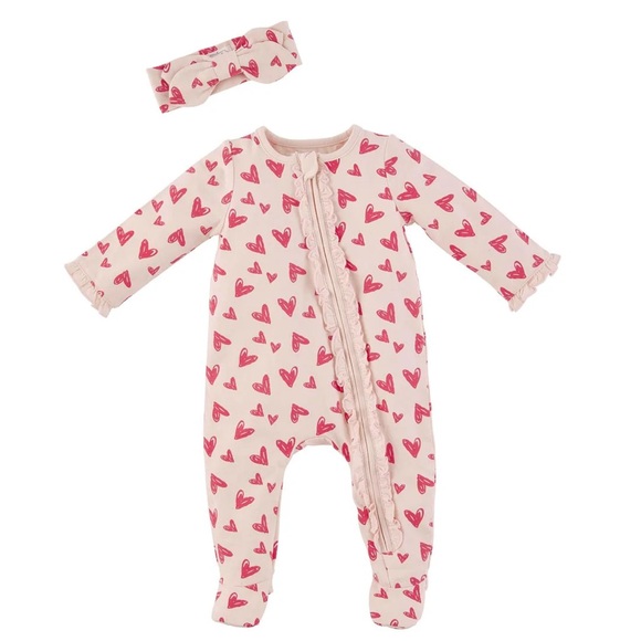 Mud Pie Other - Mud Pie Valentine’s Day Pink Heart Footies with Bow Headband 3-6 Months